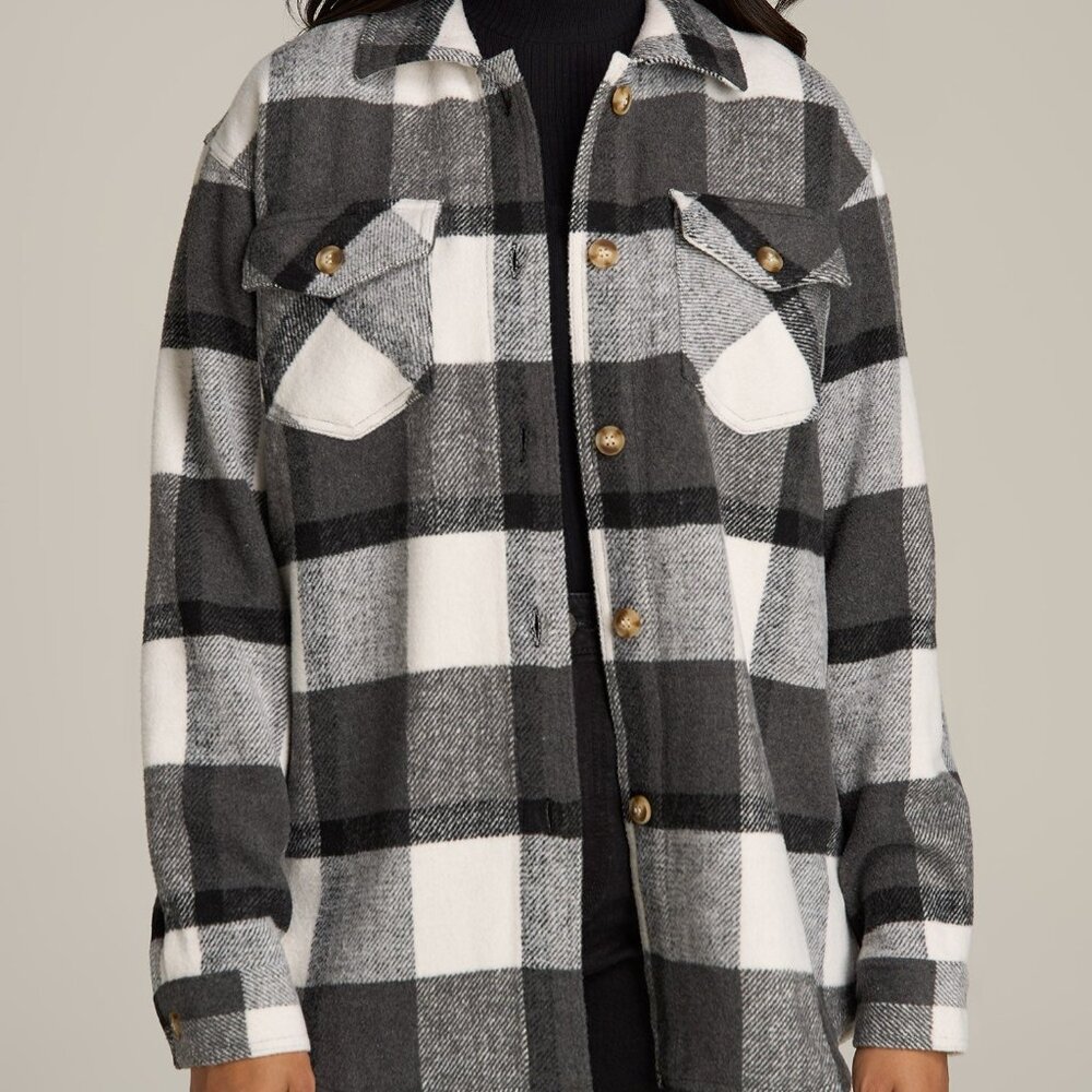 American Tall Flannel Women's Tall Shacket in Grey and Black Plaid Size L Tall